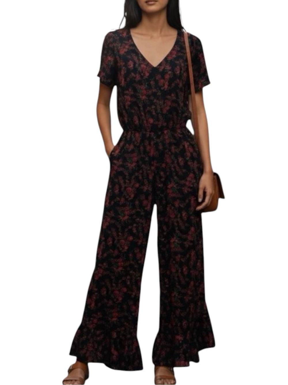 Jack Red Black Floral Ruffled Short Sleeve Jumpsuit NWOT Size XS
